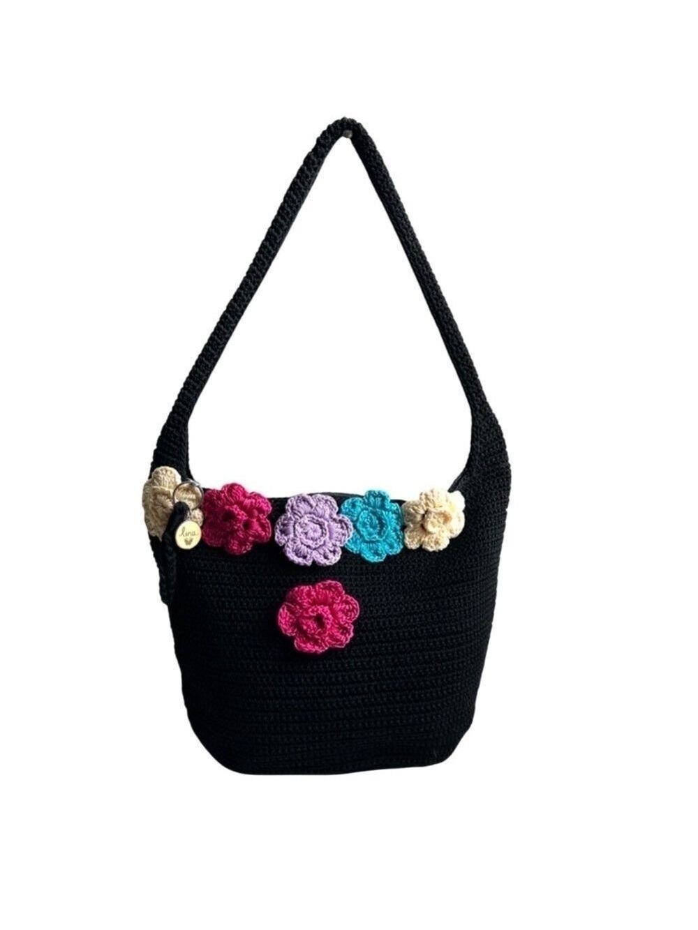 Lina Knit Hobo Shoulder Bag with Applied Flowers